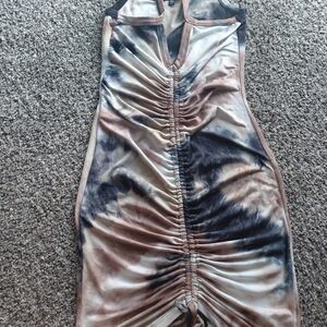 Fashion Nova Brown & Black Ruched Tie-Dye Midi Dress